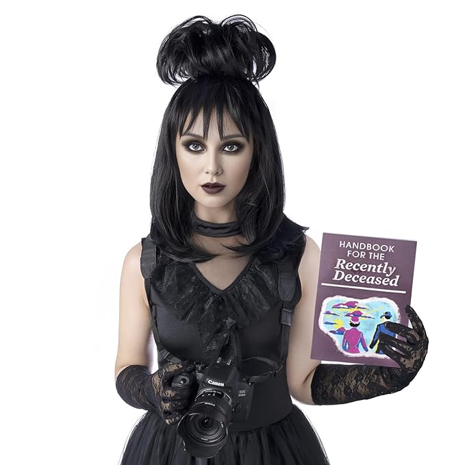 Photo 1 of MUPUL Lydia Deetz Cosplay Costume Party Wig Bride Fluffy Buns curly Women's Black Medium Long straight Beetle Wig with bangs Halloween Costume Accessories
