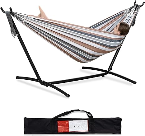 Photo 1 of PNAEUT Double Hammock with Space Saving Steel Stand Included 2 Person Heavy Duty Outside Garden Yard Outdoor 450lb Capacity 2 People Standing Hammocks and Portable Carrying Bag (Coffee)
