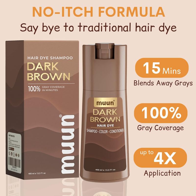 Photo 3 of Muun Dark Brown Hair Dye Shampoo - 3-In-1 Ammonia Free Hair Color Shampoo for Gray Hair Coverage for Women and Men in minutes with Herbal Natural Ingredients 400ml