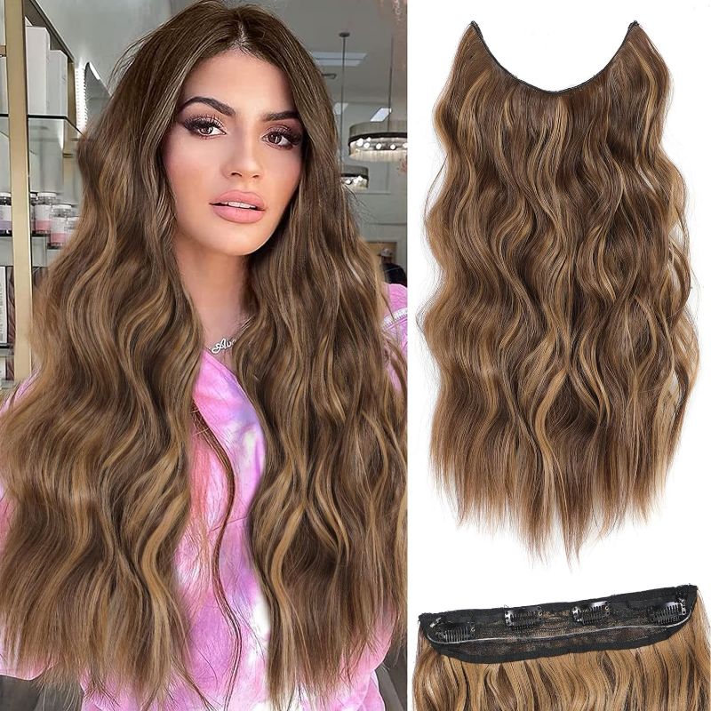 Photo 1 of BUPPPLER Halo Hair Extensions 20 Inch Invisible Wire Hair Extensions Adjustable Long Wavy Hair Extensions Synthetic Upgrade 4 Secure Clips in Hairpieces (Honey Blonde Mixed Light Brown)