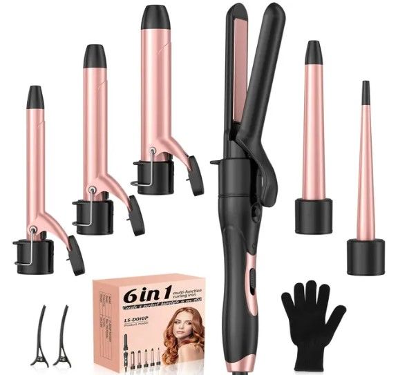 Photo 1 of Wand Curling Iron, 6 in 1 Curling Wand Set with Flat Iron Hair Straightener, 0.35 to 1.25 Inch Ceramic Barrel Hair Curler Wand, Professional Dual Voltage Hair Styling Hot Tools for Travel 