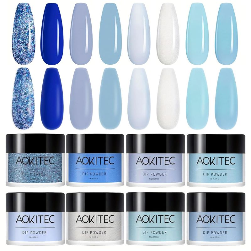 Photo 1 of Aokitec 8 Colors Dip Powder Nail Set,Navy Sky Baby Blue Collection Glitter Pastel Dipping Powder Starter Kit French Nail Art Manicure DIY Salon Home Gifts for Women, No Need Nail Lamp Cured