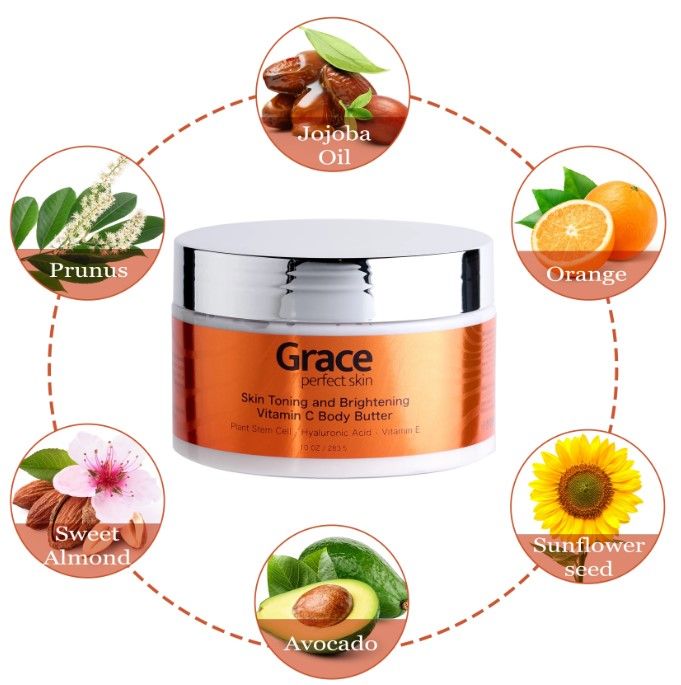 Photo 1 of Skin Toning and Brightening Vitamin C Body Butter Orange Jojoba Oil Avocado Sunflower Seed Sweet Almonds and Prunes Containing Vitamin C Hyaluronic Acid Achieve Brighter More Even Skin Tone Deep Hydration and Nourishment New 