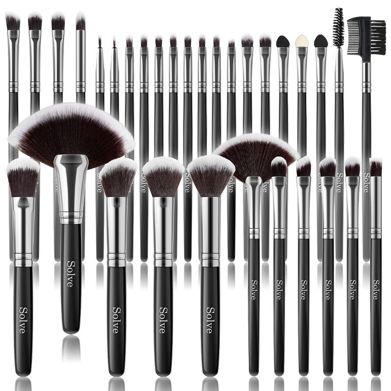 Photo 1 of Makeup Brush Set, SOLVE 32 Pieces Professional Makeup Brushes Wooden Handle Cosmetics Brushes Foundation Concealer Powder Face Eye Make up Brushes Kit, Black