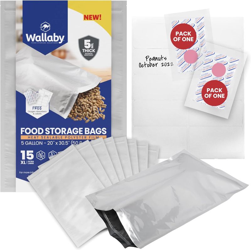 Photo 1 of 15x 5 Gallon Wallaby Mylar Bag Bundle - Silver (5 Mil) With 20 Single Sealed Oxygen Absorbers & Labels - Resealable Zipper, FDA Grade, Air-Tight, Light-Blocking, for Long Term Food Storage