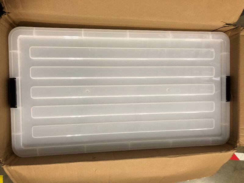 Photo 1 of  Large Clear Storage Bins --- 4pcs- 1-Missing a lid --- Minor Damage Shown In Photos