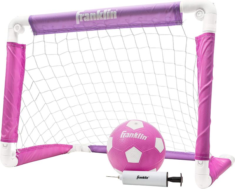 Photo 1 of Franklin Sports Kids Soccer Goal with Ball and Pump – 24inch x 16inch Folding Goal – Great for Backyard or Indoor Play – Pink/Purple