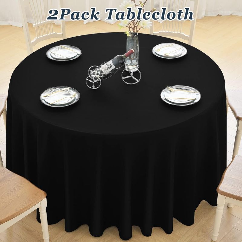 Photo 1 of 120inch Stain and Wrinkle Resistant Polyester Table Cloth,Decorative Fabric Table Cover for Kitchen,Dinning,Party,Wedding Round(Black)