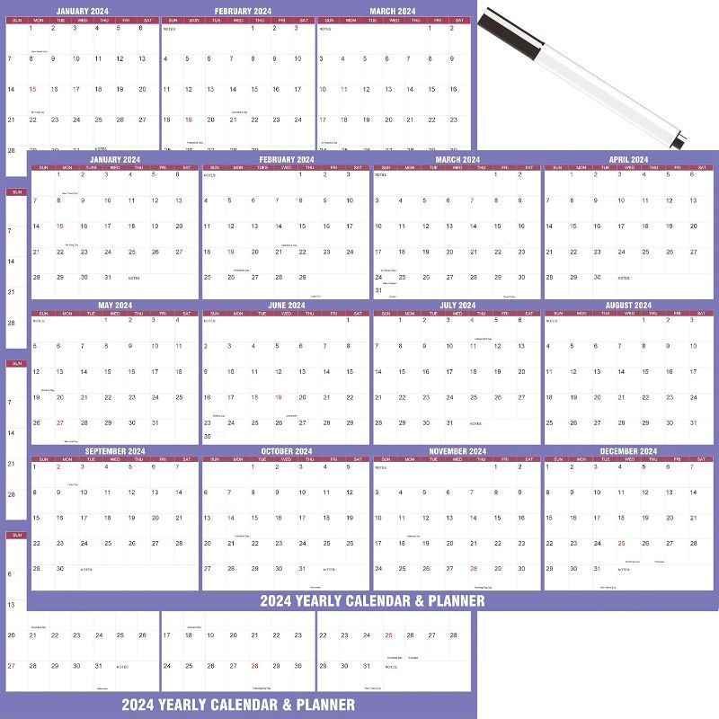 Photo 1 of 5 PCK 24" x 36" 2024 Wall Calendar - 2024 Wall Calendar 12 Month, Wall Calendar Dry Erase Monthly Large Laminated Calendar 2024 Horizontal/Vertical Reversible, Erasable & Reusable
