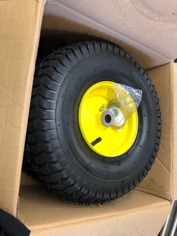 Photo 2 of (2 Pack) AR-PRO Exact Replacement 15" x 6.00 - 6" Front Tire and Wheel Assemblies for John Deere Riding Mowers - Compatible with John Deere 100 and D100 Series - 3” Hub Offset and 3/4” Bushings 15" x 6.00-6" Yellow