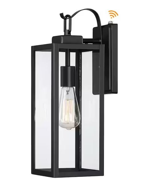 Photo 1 of 1-Light Matte Black Dusk to Dawn Sensor Hardwired Outdoor Lantern Wall Sconce, Exterior Wall Fixture
