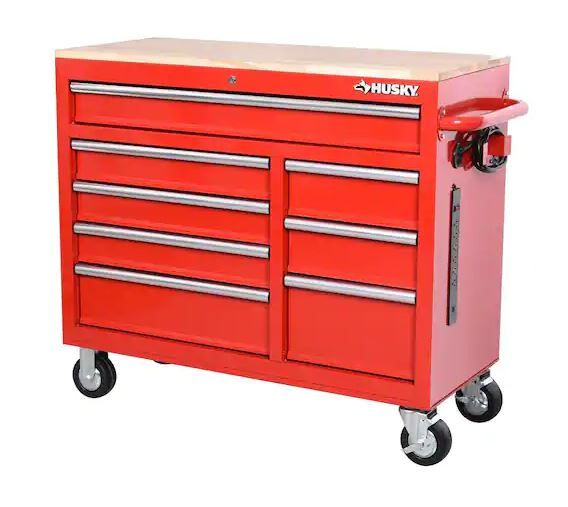 Photo 1 of 42 in. W x 18.1 in. D 8-Drawer Red Mobile Workbench Cabinet with Solid Wood Top
- missing wood top