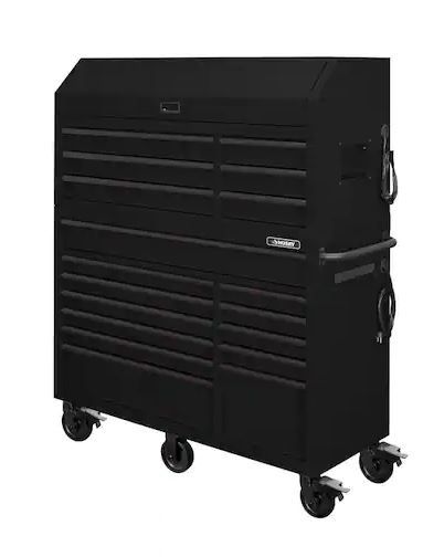 Photo 1 of 56 in. W x 22 in. D Heavy Duty 18-Drawer Combination Rolling Tool Chest and Top Tool Cabinet Set in Matte Black - minor scrapes to bottom as shown in photo.  - set. two big boxes. please bring applicable vehicle.