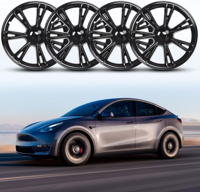 Photo 2 of Terfulnel 19 Inch Hubcap Fit 2017-2022 Tesla Model Y Wheel Covers 4PCS Replacement Hub Caps Protector Cover for Car Decoration Modifications (19 Inch, 19 Inches - Wrapped Models - Glossy Black) 19 Inch 19 Inches - Wrapped Models - Glossy Black