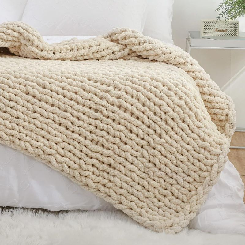Photo 1 of YAAPSU Chunky Knit Blanket Throw 51"x63", Soft Jumbo Chenille Throw Blanket, 100% Hand Knitted Throw Blankets for Couch Bed, Big Thick Yarn Cable Knit Blanket, Large Rope Knot Crochet Blanket (Beige)
