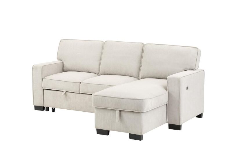 Photo 1 of BOX 1 OF 3 --Estelle Collection 81353BE Fabric Reversible Sleeper Sectional with Storage Chaise Drop-Down Table 2 Cup Holders and 2 USB Ports, in Beige