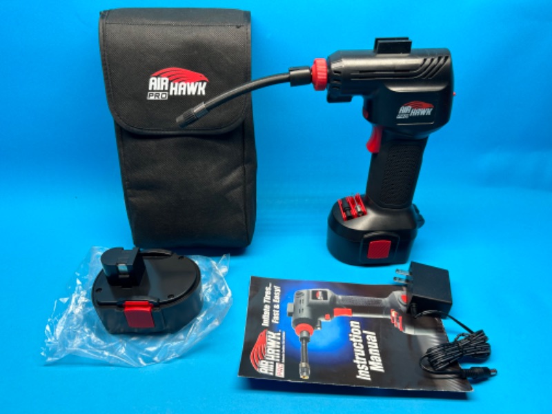 Photo 2 of 698567….Air Hawk pro automatic cordless tire inflator- 2 batteries, charger and pouch- bike,car, etc