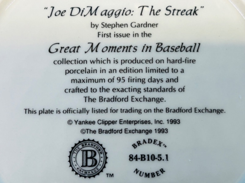 Photo 2 of 698637…Joe DiMaggio the streak collector plate 