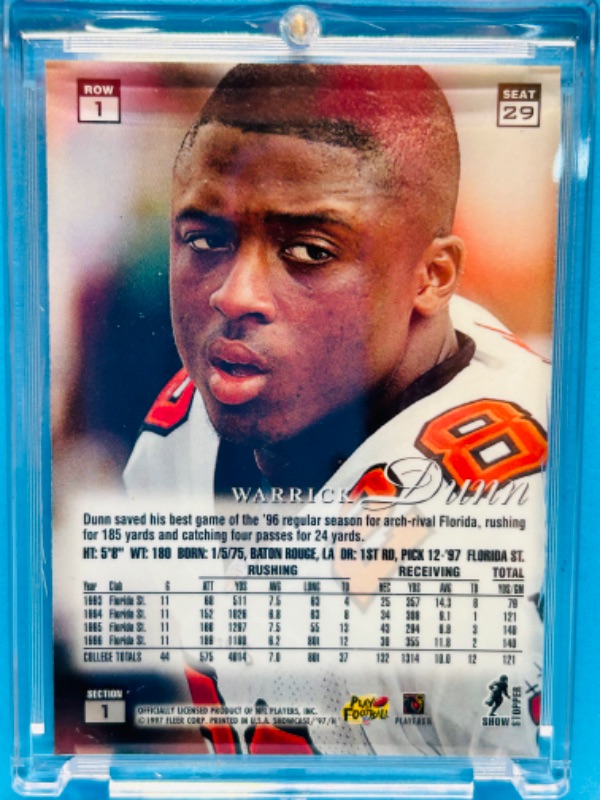 Photo 2 of 698649…Flair Showcase Warrick Dunn rookie card in hard plastic case