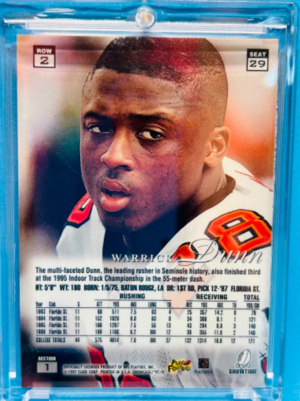 Photo 2 of 698653…Flair showcase Warrick Dunn rookie card in hard plastic case 