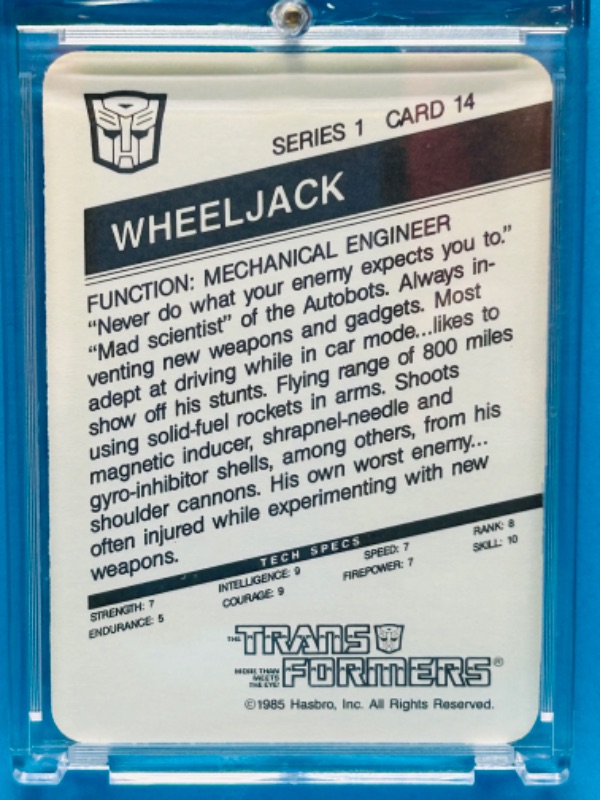 Photo 2 of 698672…1985 Transformers Wheeljack card 14 series 1  in hard plastic case