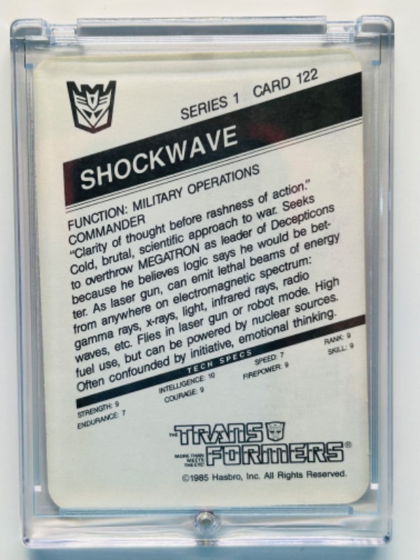 Photo 2 of 698680…1985 transformers Shockwave card 122 series 1  in hard plastic case