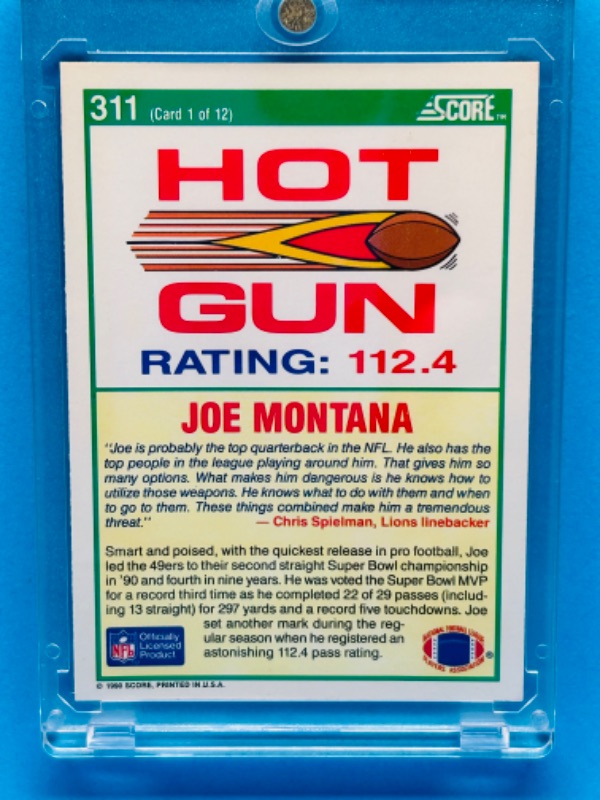 Photo 2 of 698684…score Hot Gun Joe Montana card 311 in hard plastic case 