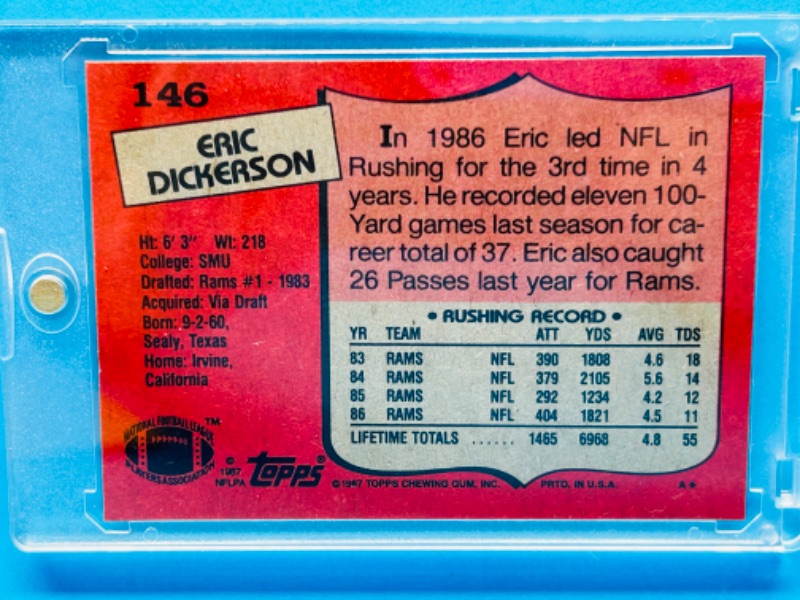 Photo 2 of 698686…topps Eric Dickerson card 146  in hard plastic case 