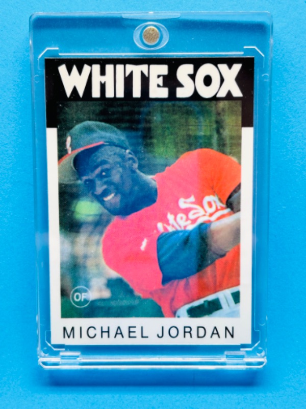 Photo 1 of 698689… Michael Jordan white Sox  card  in hard plastic case 