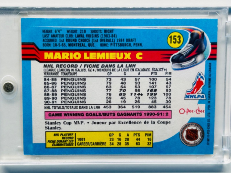 Photo 2 of 698691…O-Pee-Chee Mario Lemieux card 153  in hard plastic case 