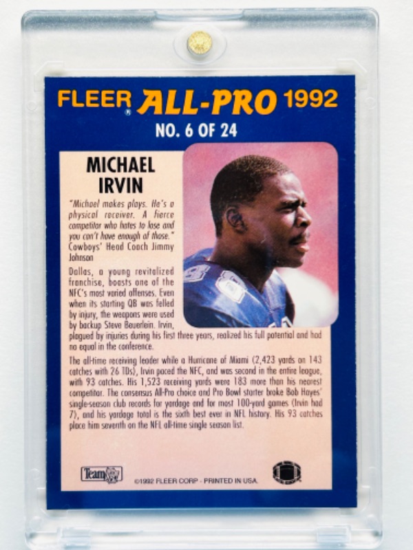 Photo 2 of 698704…fleer Michael Irvin 1992 all-pro card 6  in hard plastic case