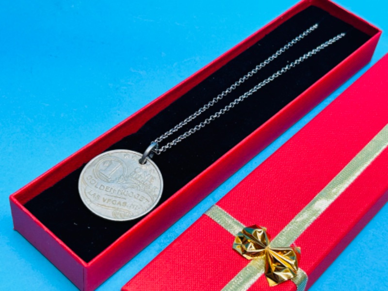 Photo 1 of 698754…vintage Golden Nugget $1 casino token necklace in gift box 