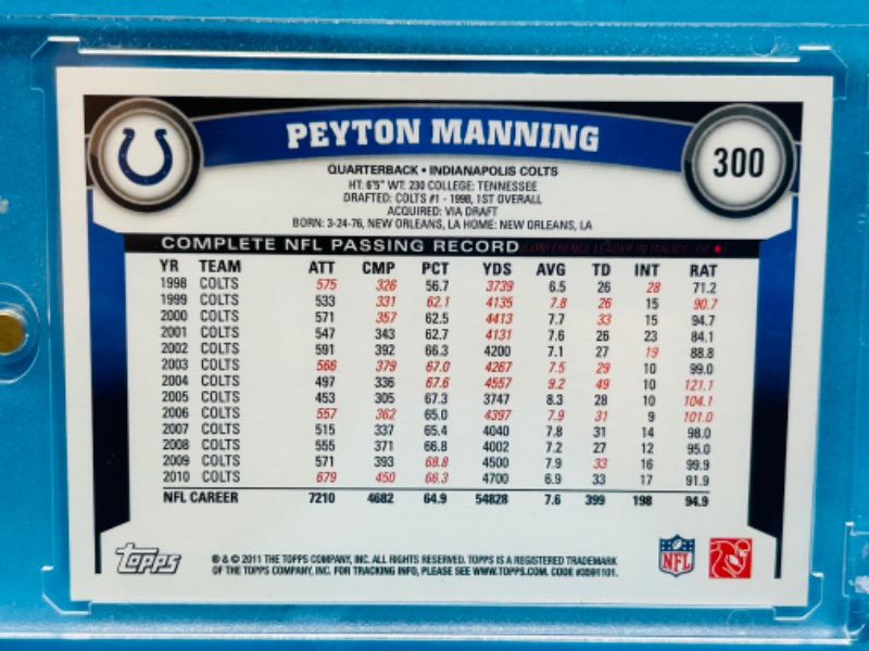 Photo 2 of 698763…topps Peyton manning card 300 in hard plastic case