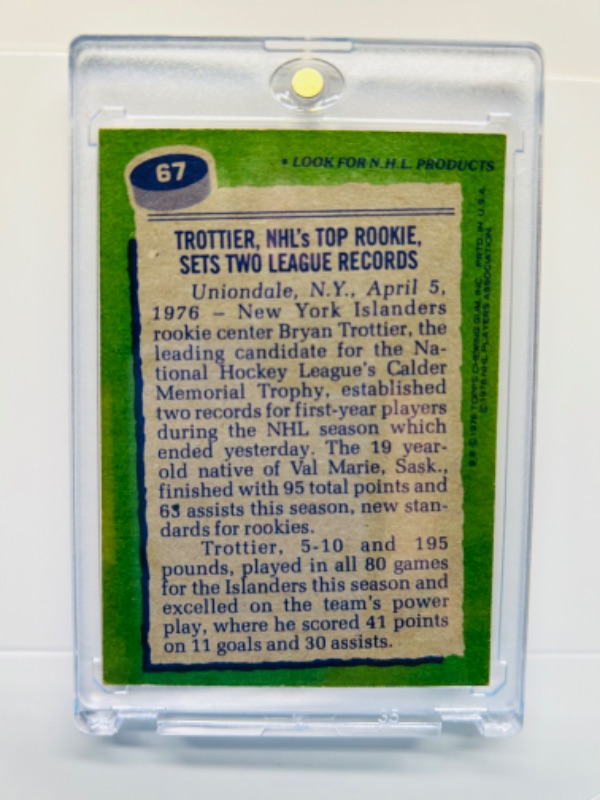 Photo 2 of 698764…vintage Bryan Trottier rookie record breakers card 67  in hard plastic case