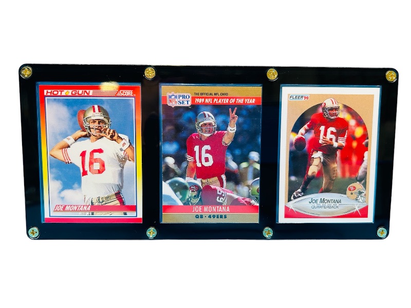 Photo 1 of 698784…3 collectible Joe Montana cards in display case