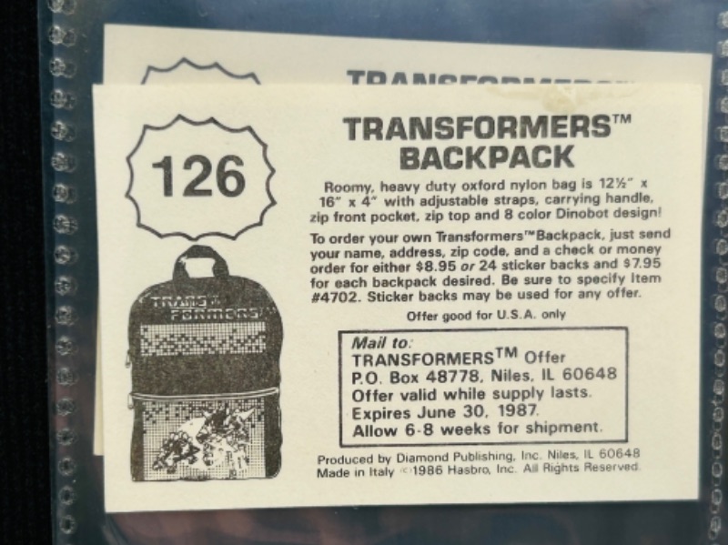 Photo 10 of 698810…74 vintage 1986 Transformers backpack stickers in binder - a few doubles 