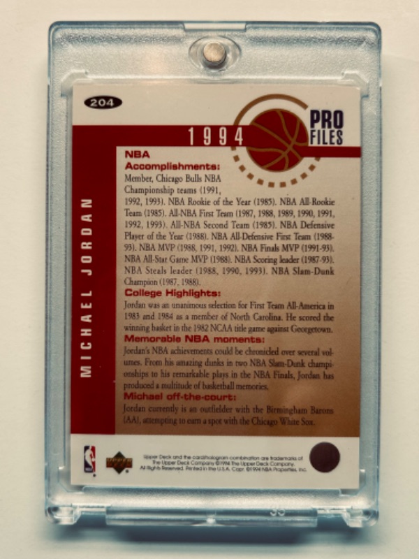 Photo 2 of 698837…upper deck Michael Jordan card 204 in hard plastic case 