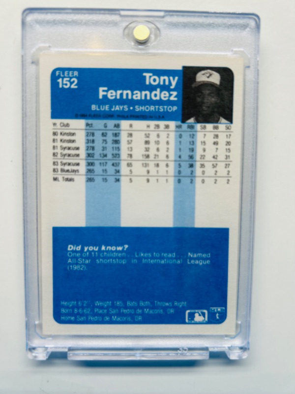 Photo 2 of 698843…Fleer Tony Fernandez Rookie card 152 in hard plastic case