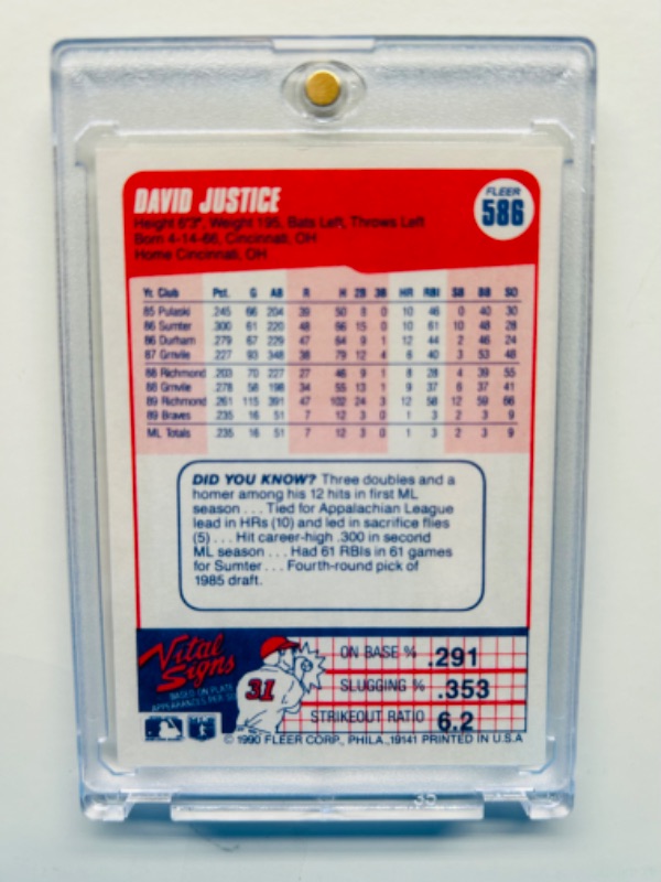 Photo 2 of 698845…fleer David Justice Rookie card 586 in hard plastic case