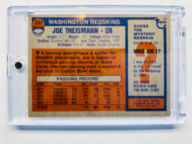 Photo 2 of 698846…topps 1975 Joe Theismann card 231 in hard plastic case