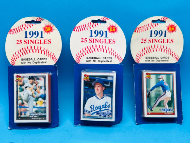 Photo 1 of 698867…worn packages- 3 sealed 1991 baseball packs - 25 in each