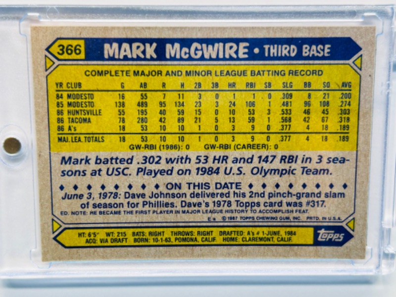 Photo 2 of 698903…Topps Rookie Mark McGwire card 366 in hard plastic case 