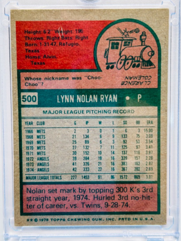 Photo 2 of 698904…Topps 1975 Nolan Ryan card 500 in hard plastic case 