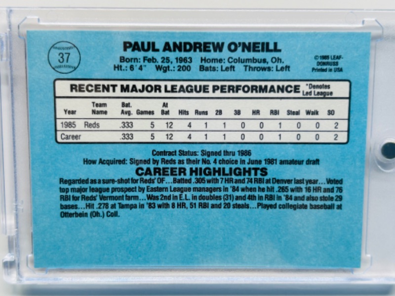 Photo 1 of 698906…Donruss rookie Paul O’Neill card 37 in hard plastic case 