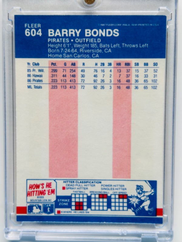 Photo 2 of 698907…Fleer Barry Bonds Rookie card 604 in hard plastic case 