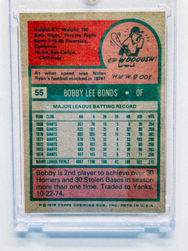 Photo 2 of 698910…Topps 1975 Bobby Bonds card 55 in hard plastic case 