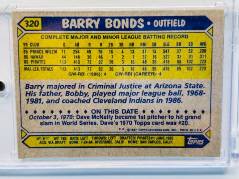 Photo 2 of 698912…Topps Rookie Barry Bonds card 320 in hard plastic case 