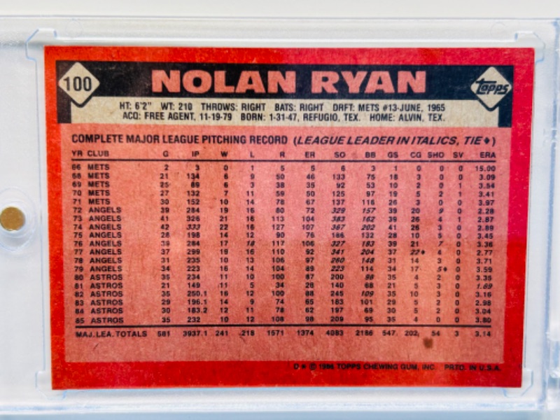 Photo 2 of 698916…Topps Nolan Ryan card 100 in hard plastic case 