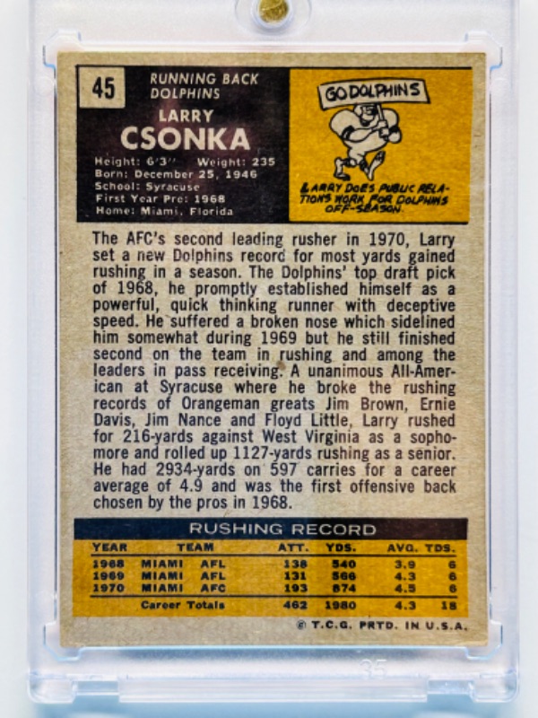 Photo 2 of 698943…vintage Larry Csonka card 45 in hard plastic case- may have wear from age