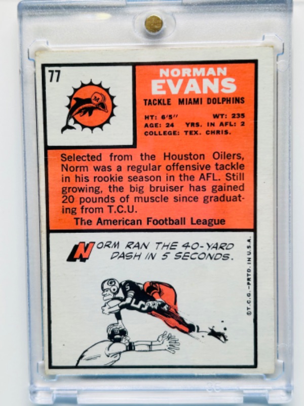 Photo 3 of 698946…Norman Evans 1966 Rookie card 77 in hard plastic case -corners show wear from age